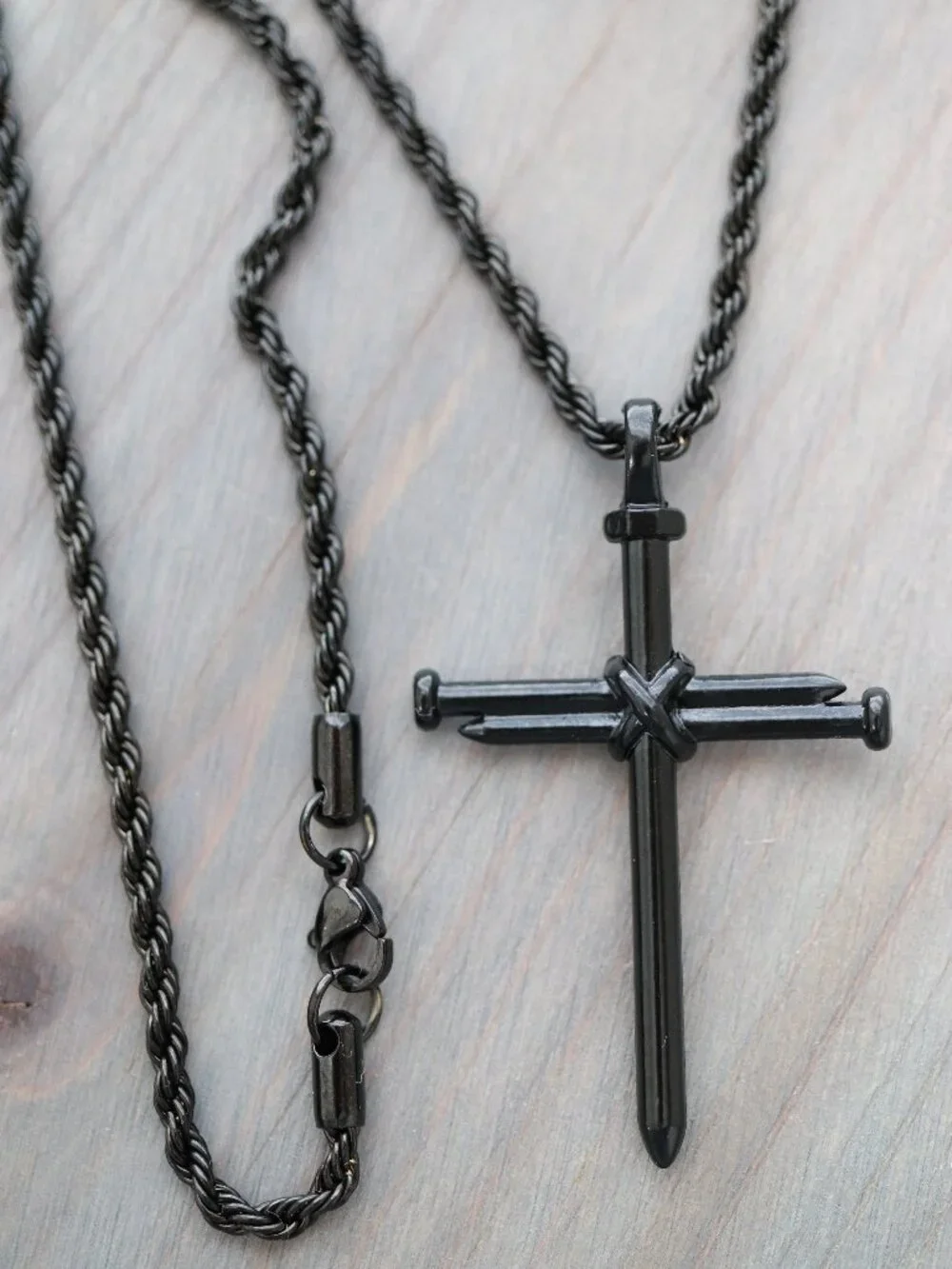 Cross Nail Style Pendant Necklace Black Stainless Steel